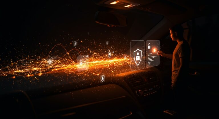 Autos conectados y privacidad de datos en automoción tech visualizados con un fundador tech interactuando con configuraciones de privacidad digitales.
