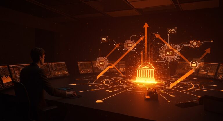 Infraestructura de IA de AWS mostrando inversión de 50 mil millones para el gobierno de EE.UU. con visualización de redes neuronales y tecnología avanzada.
