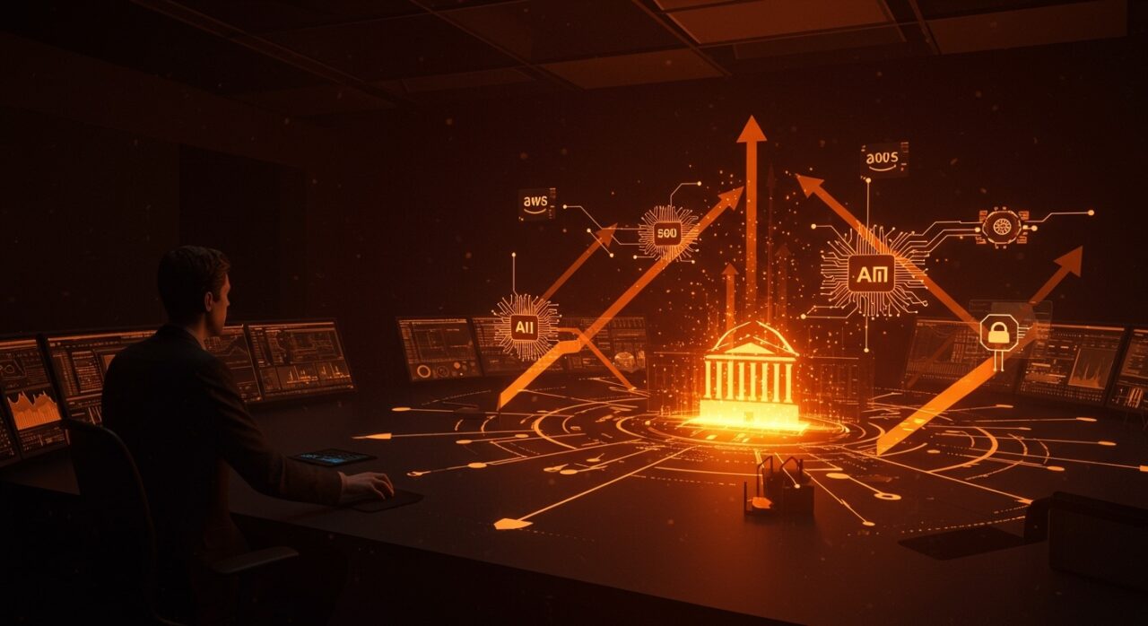 Infraestructura de IA de AWS mostrando inversión de 50 mil millones para el gobierno de EE.UU. con visualización de redes neuronales y tecnología avanzada.