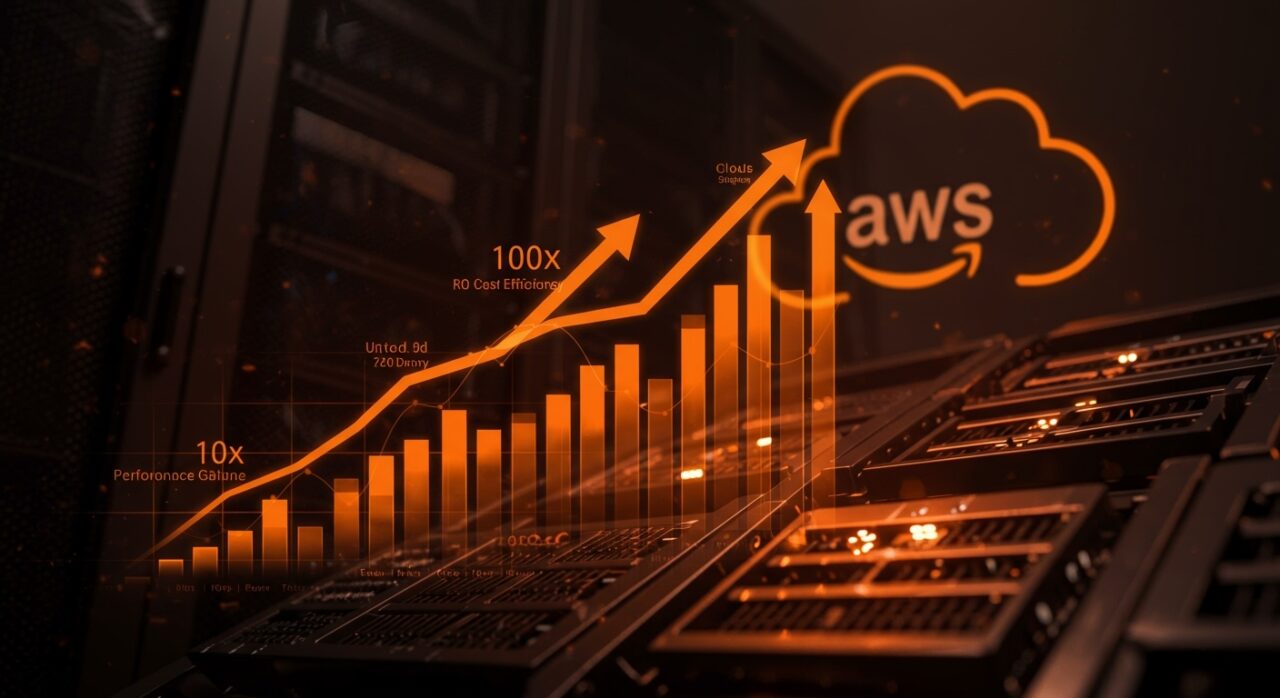 Comparativa visual entre servidores dedicados y AWS mostrando hasta 10x más rendimiento por costos iguales en infraestructura tecnológica.