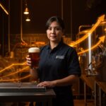 Mujer emprendedora en la industria cervecera chilena, representando becas exclusivas y formación profesional en producción cervecera.
