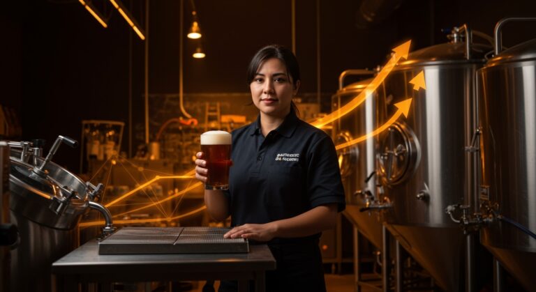 Mujer emprendedora en la industria cervecera chilena, representando becas exclusivas y formación profesional en producción cervecera.