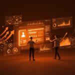 Interfaz futurista de newsletter con IA aplicada y analítica en tiempo real, representando la expansión y automatización para creadores de contenido en SaaS.