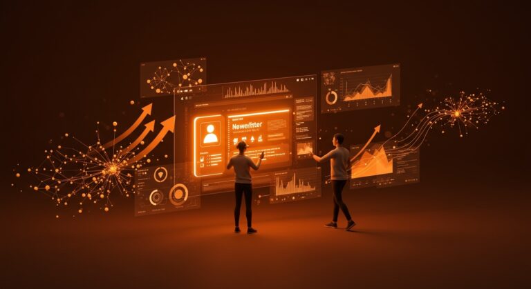 Interfaz futurista de newsletter con IA aplicada y analítica en tiempo real, representando la expansión y automatización para creadores de contenido en SaaS.