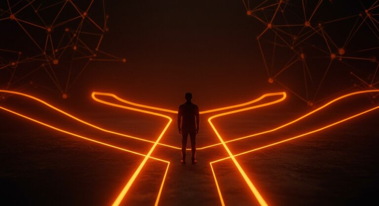 Founder contemplando decisiones estratégicas, representando objetivos, bienestar y resiliencia en startups con paleta naranja y negro.