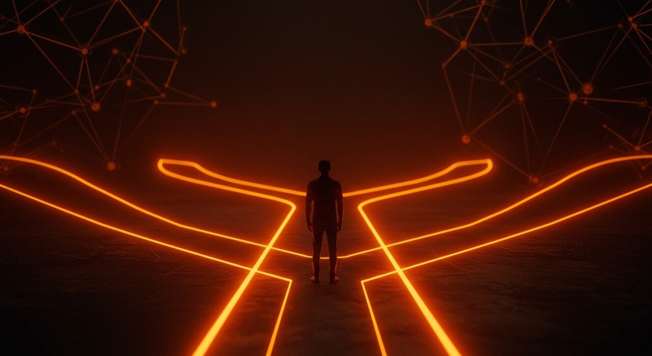 Founder contemplando decisiones estratégicas, representando objetivos, bienestar y resiliencia en startups con paleta naranja y negro.