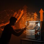 Aire acondicionado moderno en entorno tecnológico con metáforas visuales de inteligencia artificial y economía para ilustrar costos y beneficios tecnológicos.