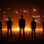 Líderes de big tech frente a un horizonte digital de inteligencia artificial reflejando inversiones y crecimiento hacia $2 billones en ingresos para IA en 2030.