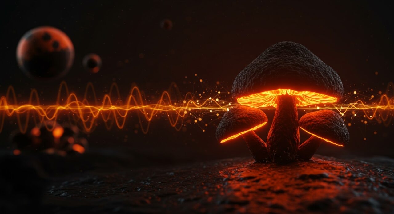 Hongo negro de Chernóbil absorbiendo radiación, simbolizando innovación en biotecnología y protección espacial para startups deep tech.