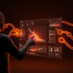 Artista 3D interactuando con interfaz holográfica mostrando renderizado 3D y gestión de color HDR en Blender 5.0 dentro del ecosistema startup.