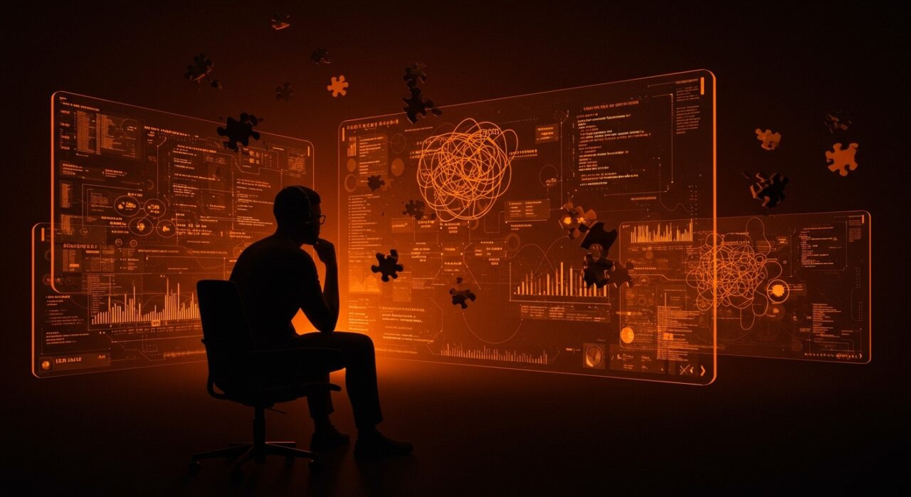 Desarrollador de software confrontando el bloat tecnológico y la optimización en el desarrollo de software moderno.