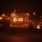 Fundador tech creando un blog personal de nicho, simbolizando oportunidades digitales, autoridad y monetización para 2025.