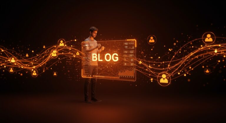 Fundador tech creando un blog personal de nicho, simbolizando oportunidades digitales, autoridad y monetización para 2025.