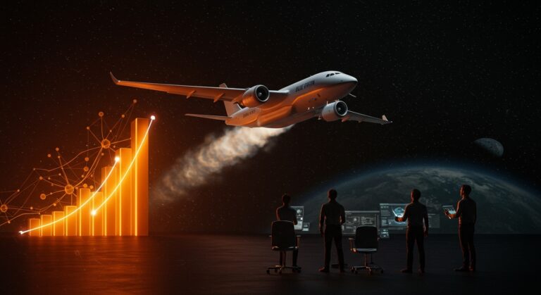 Cohete New Glenn de Blue Origin despegando con emprendedores tecnológicos observando, simbolizando innovaciones y oportunidades en startups aeroespaciales.