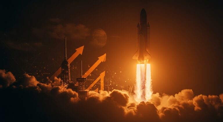 Cohete superpesado New Glenn de Blue Origin ascendiendo más alto que Saturn V, mostrando innovación en tecnología aeroespacial y oportunidades para startups.