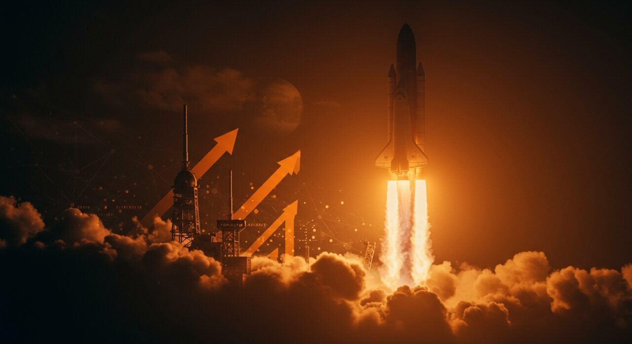 Cohete superpesado New Glenn de Blue Origin ascendiendo más alto que Saturn V, mostrando innovación en tecnología aeroespacial y oportunidades para startups.