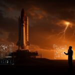 Lanzamiento retrasado del cohete New Glenn de Blue Origin con metáforas visuales de tecnología espacial y tormentas solares para founders y startups.