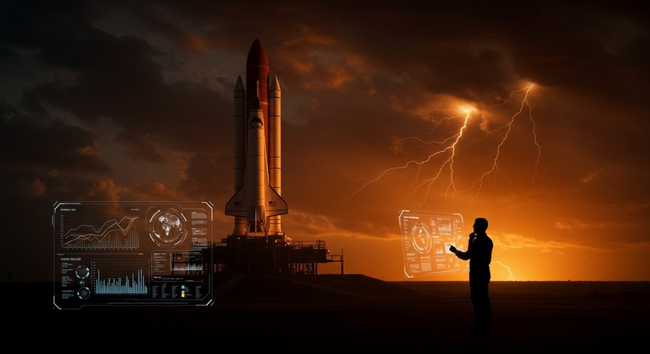 Lanzamiento retrasado del cohete New Glenn de Blue Origin con metáforas visuales de tecnología espacial y tormentas solares para founders y startups.