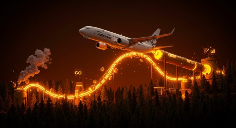 Innovación sostenible en aviación de Boeing utilizando bio-oil de startups climate tech para reducir emisiones de carbono.