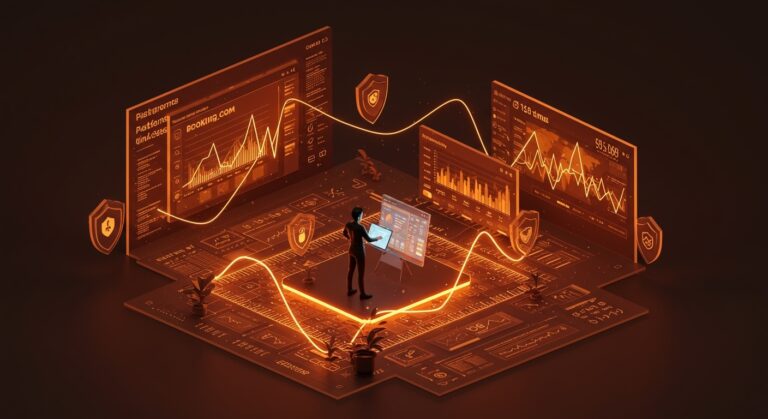 Interfaz digital de reservas hoteleras con precios dinámicos y protección al consumidor en plataformas digitales destacando el caso Booking.com.