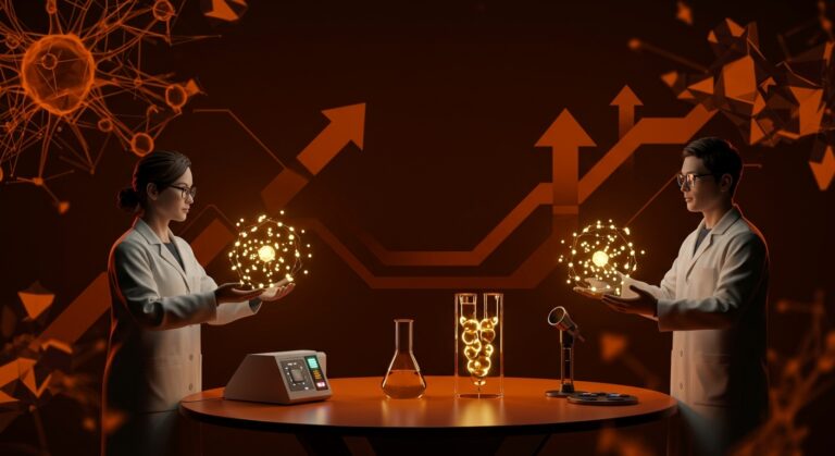 Innovación y emprendimiento científico en Chile representados por científicos y dispositivos biotecnológicos en tonos naranja y negro.