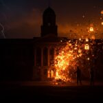 Brechas de datos en universidades ilustradas con flujo digital y arquitectura académica, destacando riesgos a la privacidad y seguridad de datos en instituciones públicas.