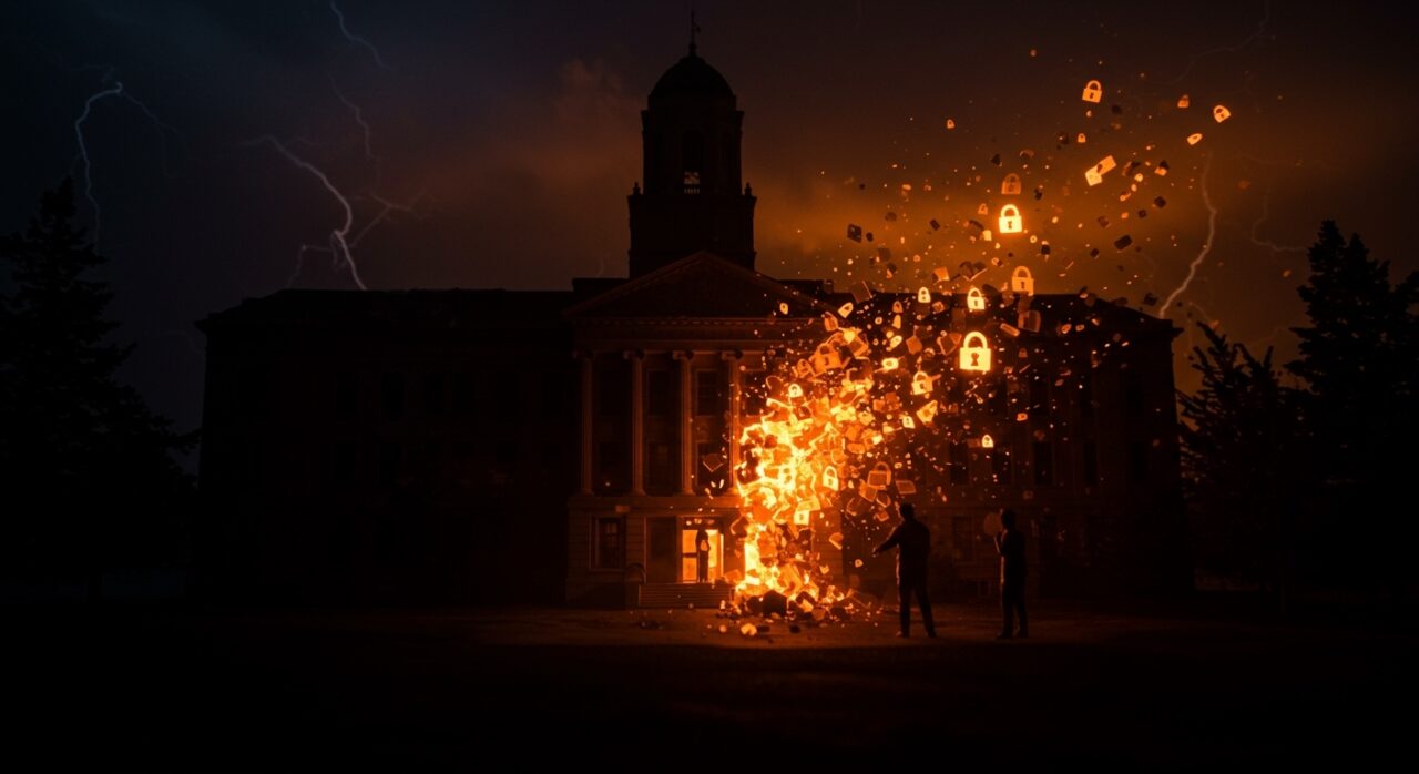 Brechas de datos en universidades ilustradas con flujo digital y arquitectura académica, destacando riesgos a la privacidad y seguridad de datos en instituciones públicas.