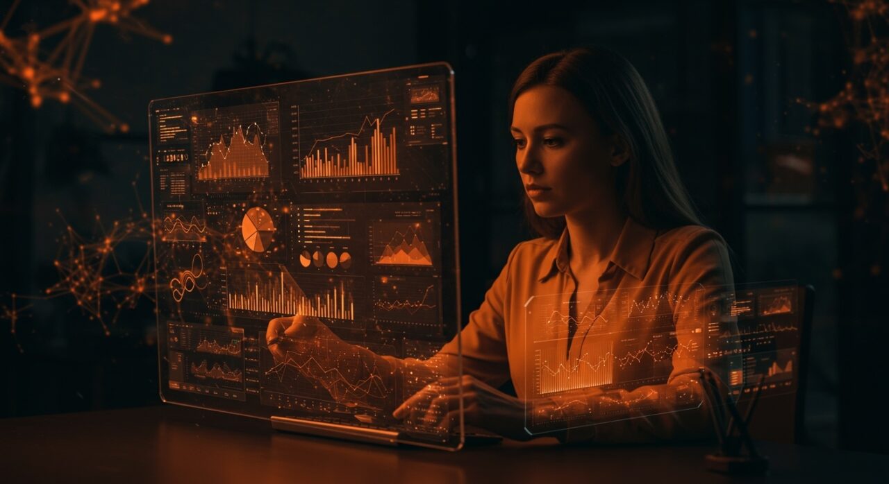 Brenda analizando datos financieros con IA en un entorno digital naranja y negro, enfrentando desafíos de automatización y hallucinations en finanzas.