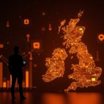 Impacto económico del Brexit en el PIB del Reino Unido representado con mapa fragmentado y metáforas visuales de mercado tecnológico global para founders tech LATAM.
