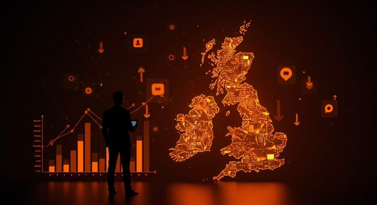 Impacto económico del Brexit en el PIB del Reino Unido representado con mapa fragmentado y metáforas visuales de mercado tecnológico global para founders tech LATAM.