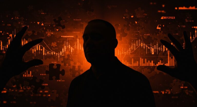 Brian Armstrong manipulando mercados de predicción en Coinbase durante llamada de ganancias con gráficos y datos cripto en colores naranja y negro.