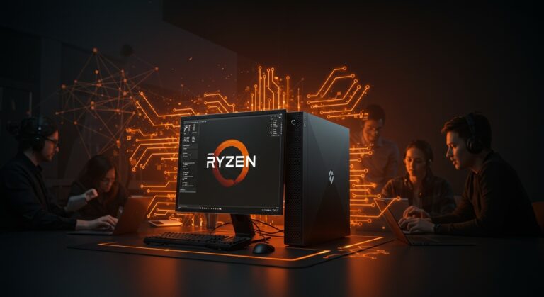 Computadora Linux avanzada C100 Developer Terminal con AMD Ryzen destacada en un entorno de trabajo de startup innovadora, resaltando hardware técnico y tecnología creativa.