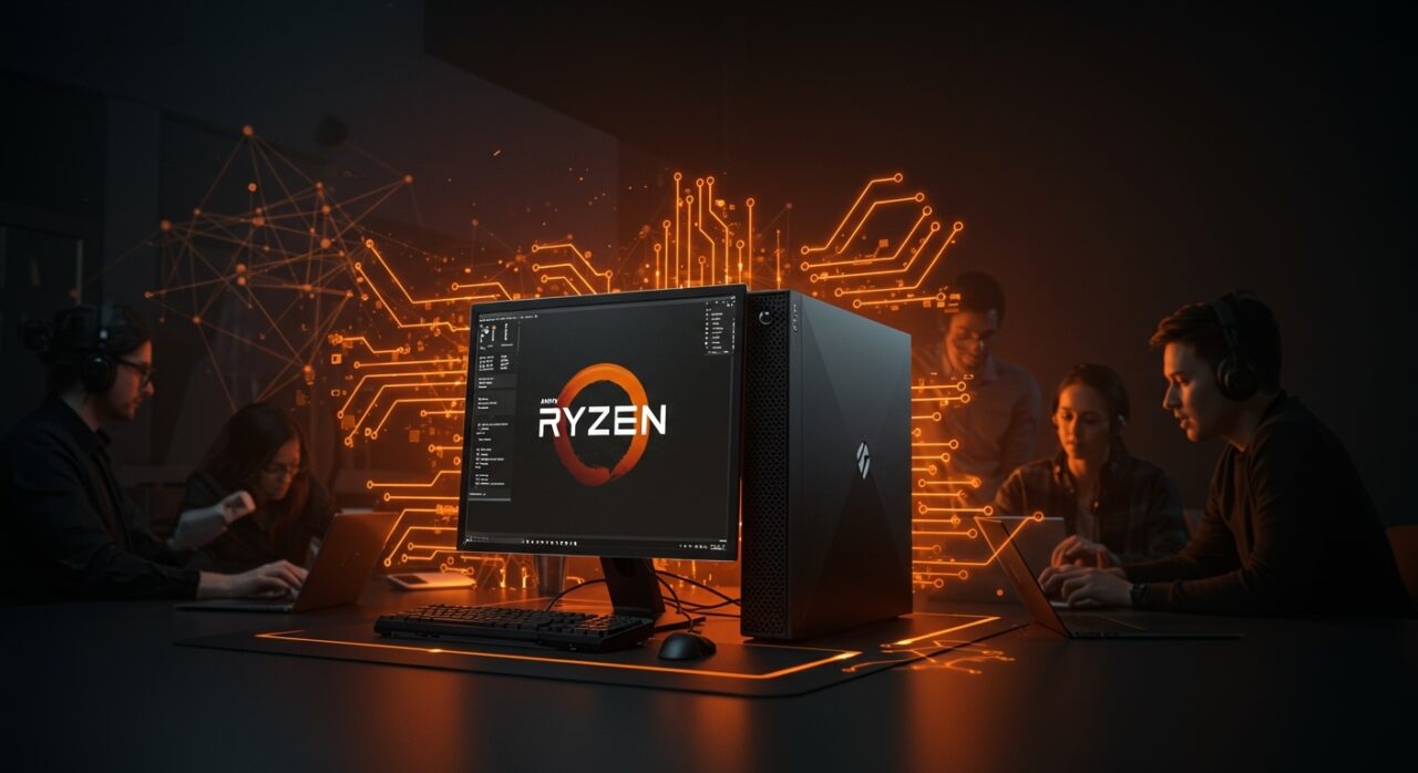 Computadora Linux avanzada C100 Developer Terminal con AMD Ryzen destacada en un entorno de trabajo de startup innovadora, resaltando hardware técnico y tecnología creativa.