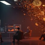 Empresas fintech enfrentan caída del mercado cripto y liquidación de activos con visuales de blockchain y criptomonedas en desplome.