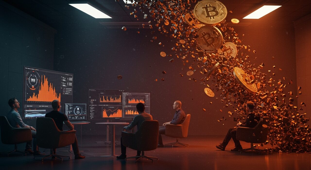 Empresas fintech enfrentan caída del mercado cripto y liquidación de activos con visuales de blockchain y criptomonedas en desplome.