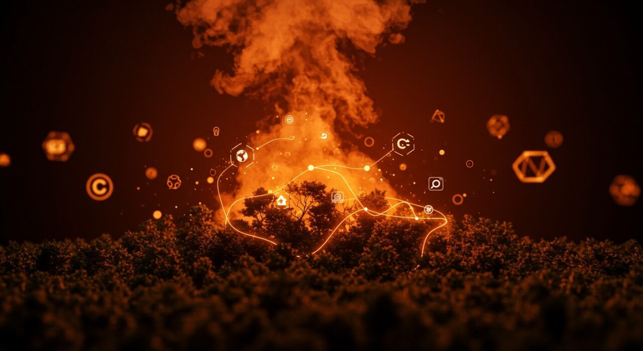 Bosques de África emitiendo carbono representados con una metáfora visual de datos y sostenibilidad en un estilo cinematográfico para cambio climático.