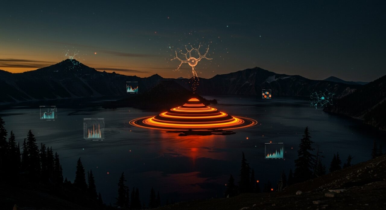 Crater Lake con mezcla de agua ralentizada y elementos de cambio climático y monitoreo ambiental en tonalidades naranja y negro.