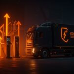 Camión eléctrico chino en estación de carga futurista representando la electrificación y el impacto global en el transporte pesado sostenible.