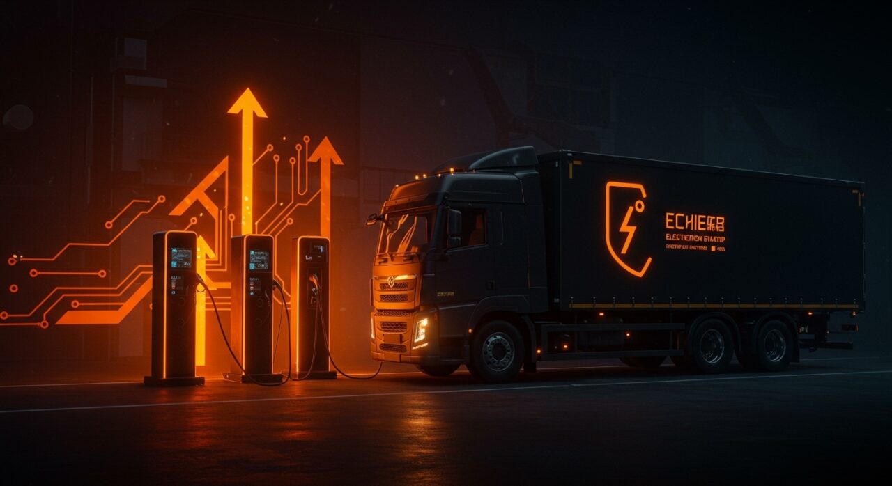 Camión eléctrico chino en estación de carga futurista representando la electrificación y el impacto global en el transporte pesado sostenible.