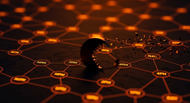 Visualización de la campaña Shai-Hulud mostrando malware en más de 300 paquetes NPM robando tokens en la cadena de suministro de software.