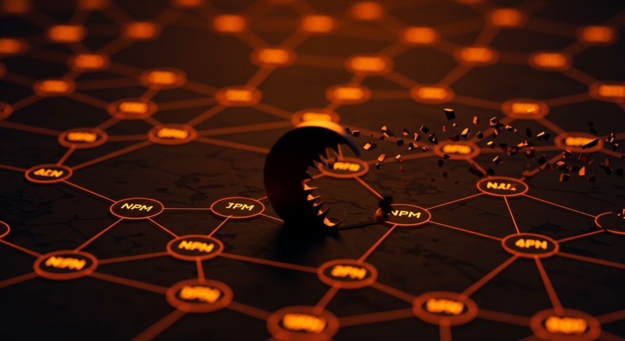 Visualización de la campaña Shai-Hulud mostrando malware en más de 300 paquetes NPM robando tokens en la cadena de suministro de software.