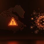 Mapa de Canadá con símbolo de alerta y partículas de sarampión en colores naranja y negro, ilustrando retos en salud pública y oportunidades para startups de salud digital.