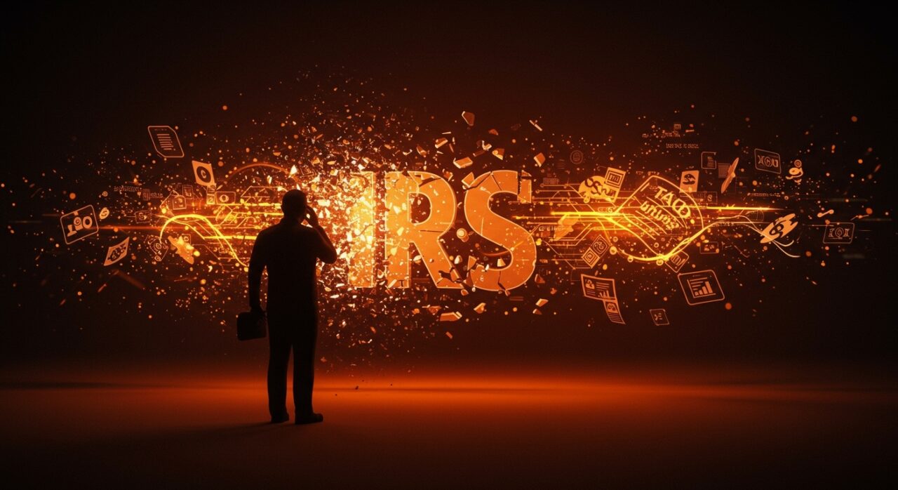 Contribuyente enfrentando la cancelación del programa Direct File del IRS con visuales digitales de automatización fiscal y servicios tecnológicos.