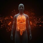 Ilustración editorial de cáncer de colon en jóvenes con microbioma intestinal y avances healthtech en diagnóstico y prevención.