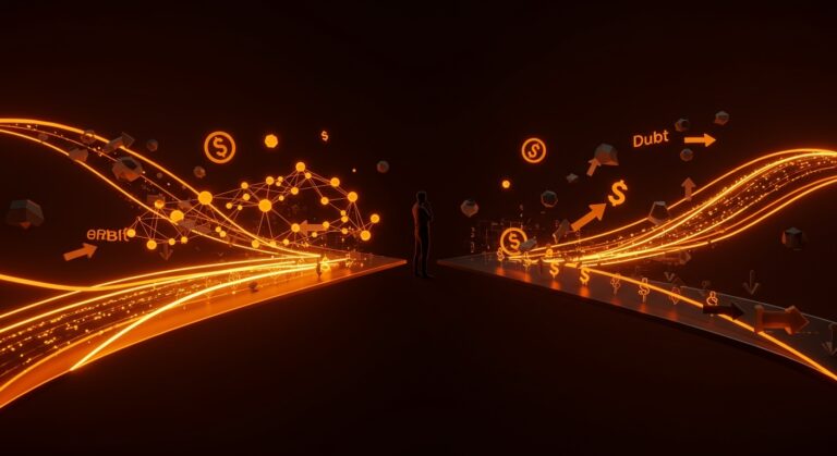 Decisión entre capital de riesgo y deuda para financiamiento de startups tecnológicas representada con metáforas visuales de inversión y control accionarial.