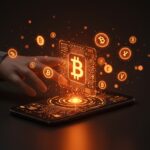 Asistente de IA de Cash App visualizado con hologramas de bitcoin y finanzas personales en una interfaz futurista de aplicación fintech.