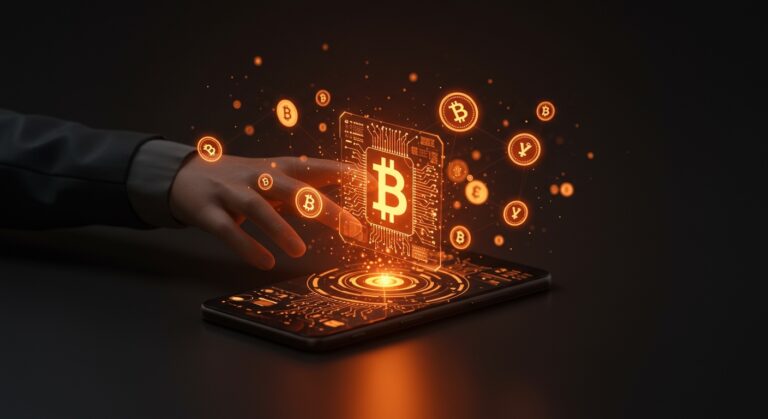 Asistente de IA de Cash App visualizado con hologramas de bitcoin y finanzas personales en una interfaz futurista de aplicación fintech.