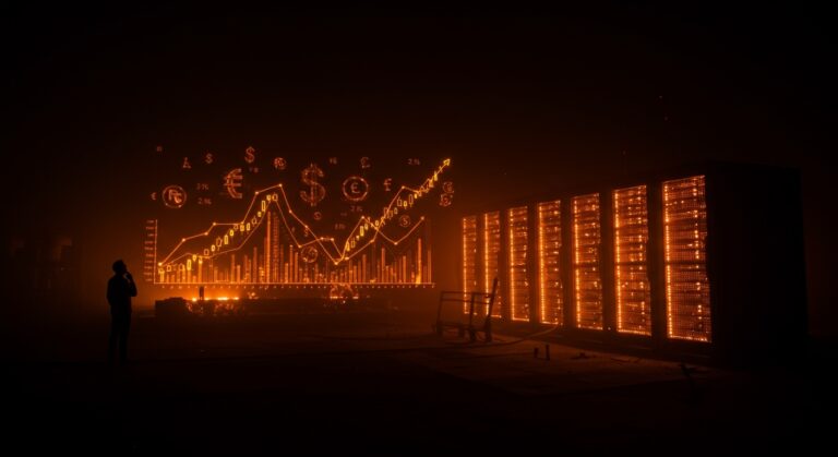 Centro de datos iluminado en tonos naranjas con cables eléctricos pulsantes y emprendedor reflexionando sobre costos energéticos y política local.