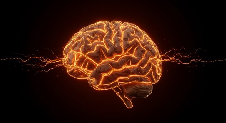 Imagen editorial de cerebro humano con patrones eléctricos y organoides que simbolizan avances en biotecnología y neurociencia.
