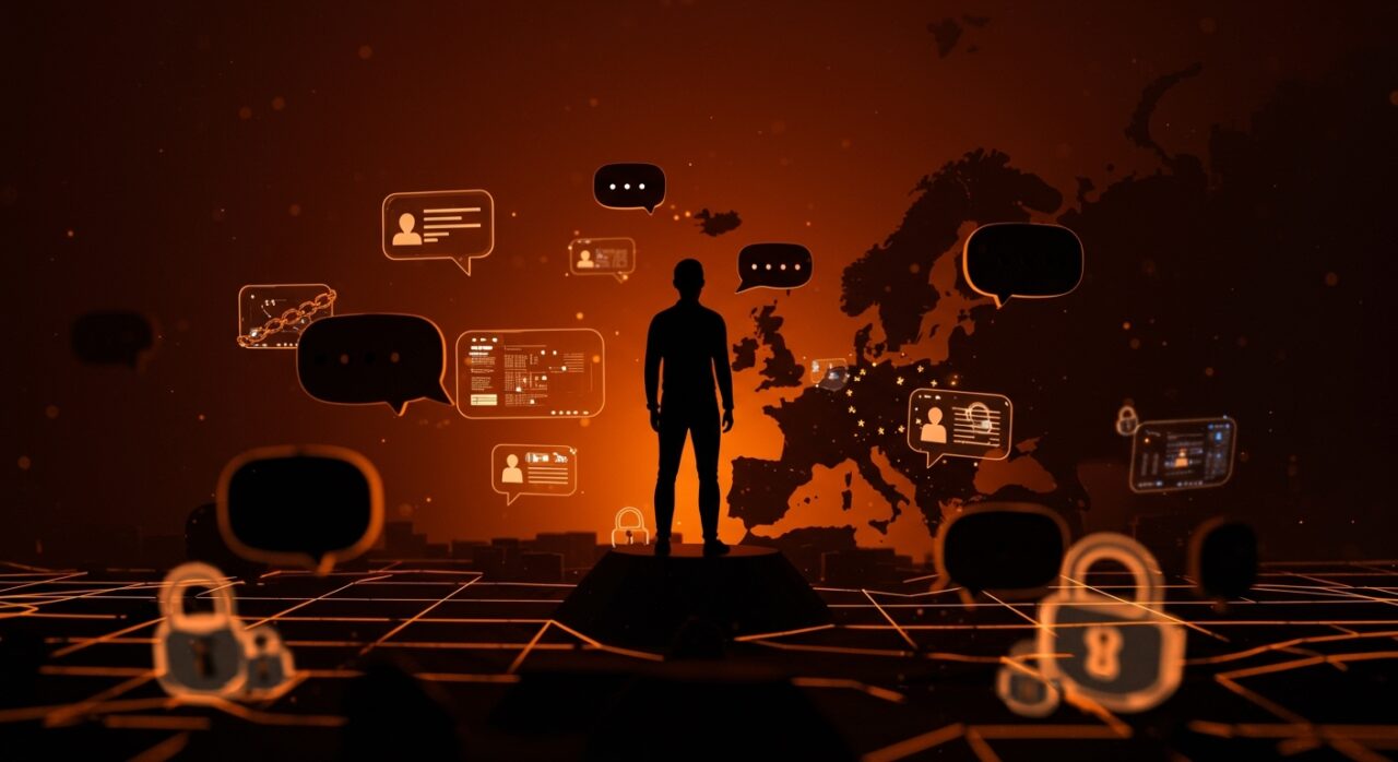 Figura de startup frente a burbujas de chat digital y cadenas de código, simbolizando vigilancia digital y riesgos de privacidad en la regulación Chat Control de la UE.